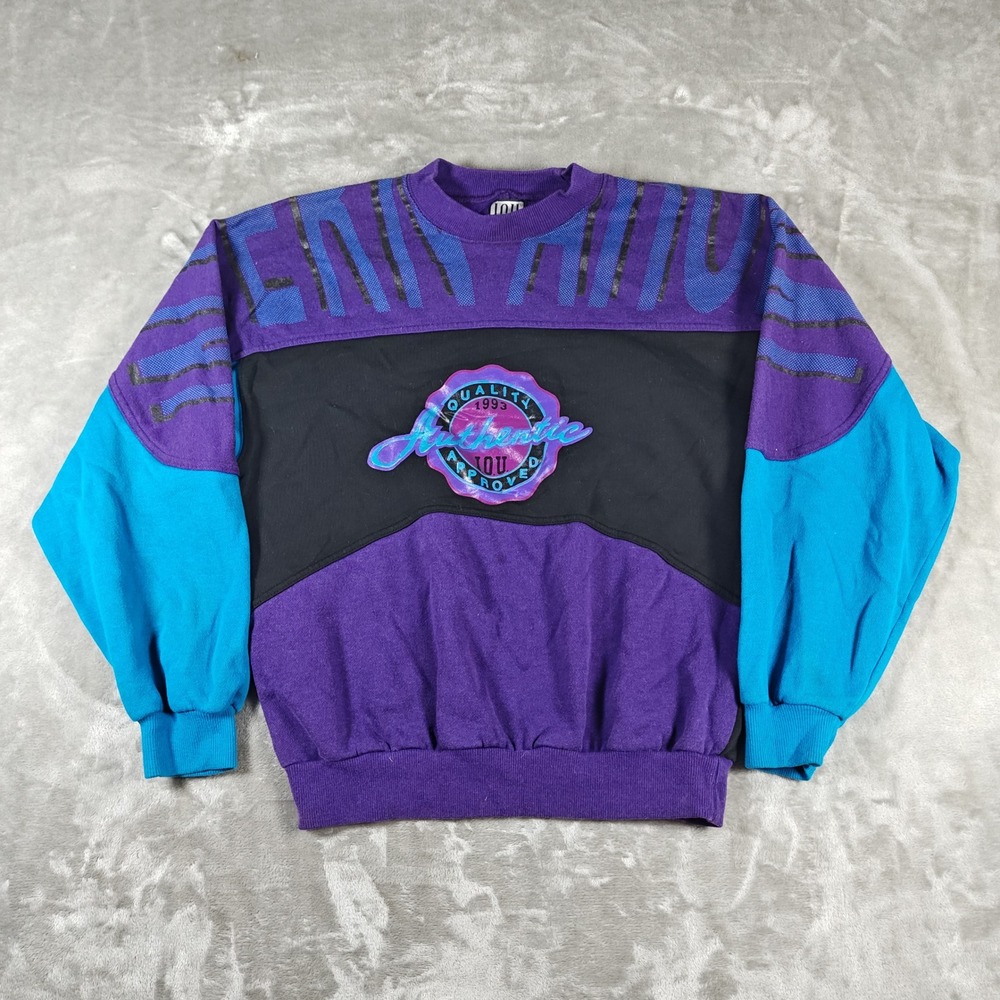 Vintage IOU Sweatshirt Mens Small Purple Black Teal Colorblock 1993 Authentic